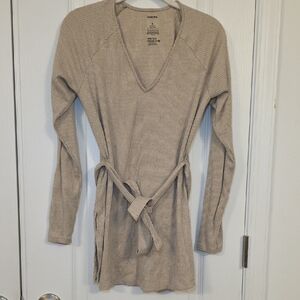 Beige Ribbed Knit Sweater with Belt